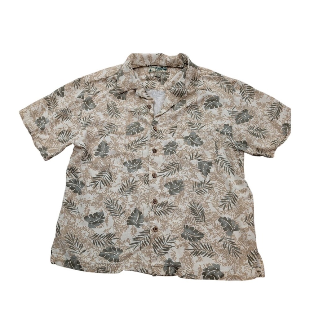 Havana Jacks Cafe Mens Large‎ Rayon Tropical Aloha Shirt Tan Green Leaf Print
